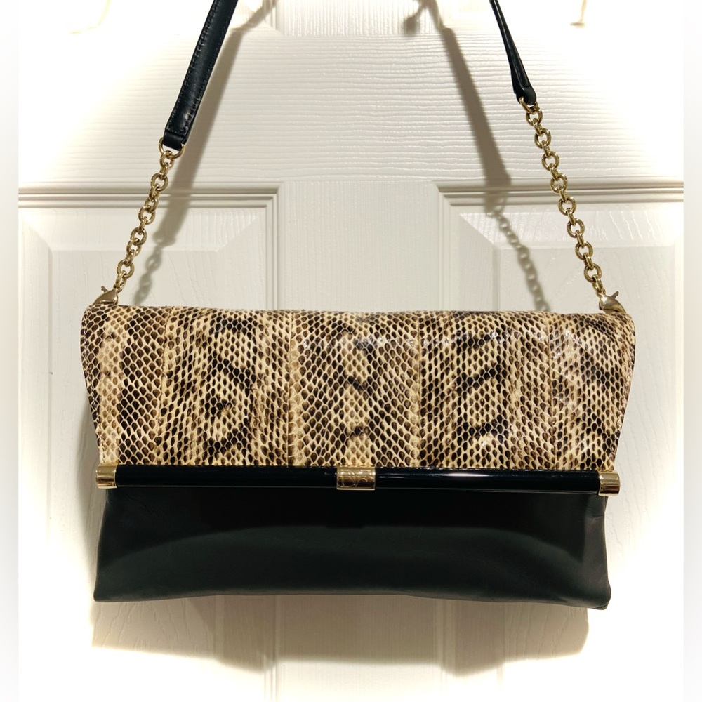 Diane Von Furstenberg Snake-Print Foldover Clutch with Black Panel